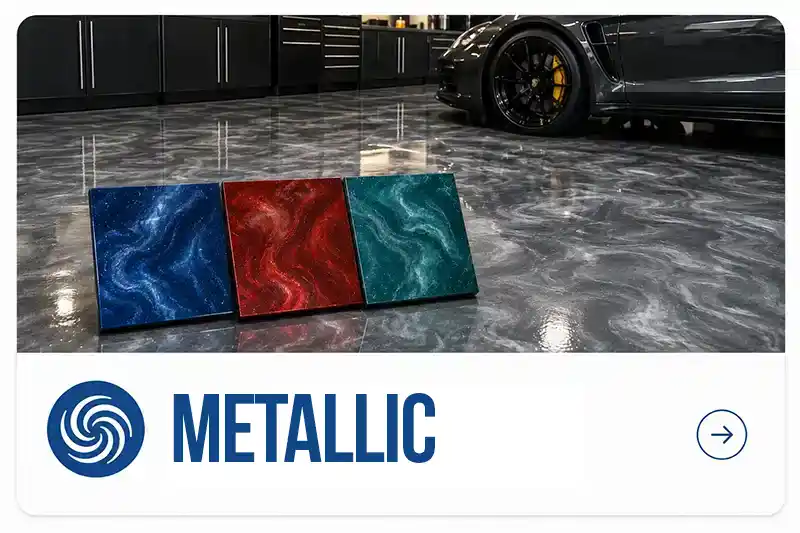Metallic Flooring garage floor with three colorful metallic finish samples